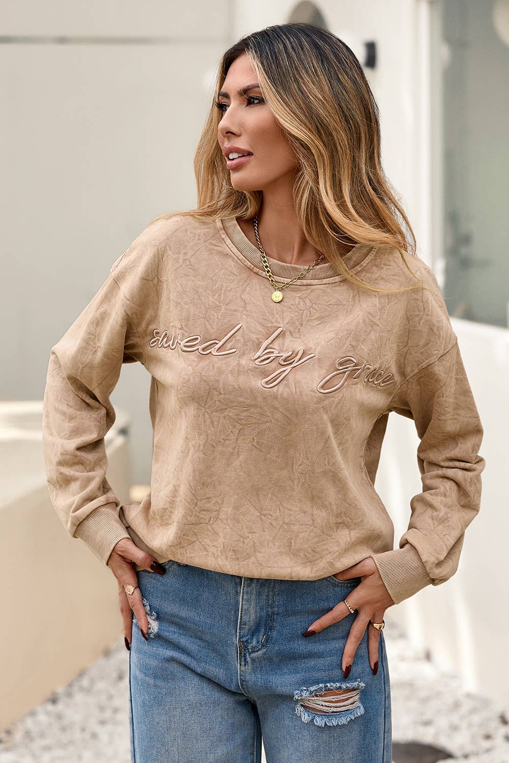Embroidery Mineral Wash Loose Sweatshirt