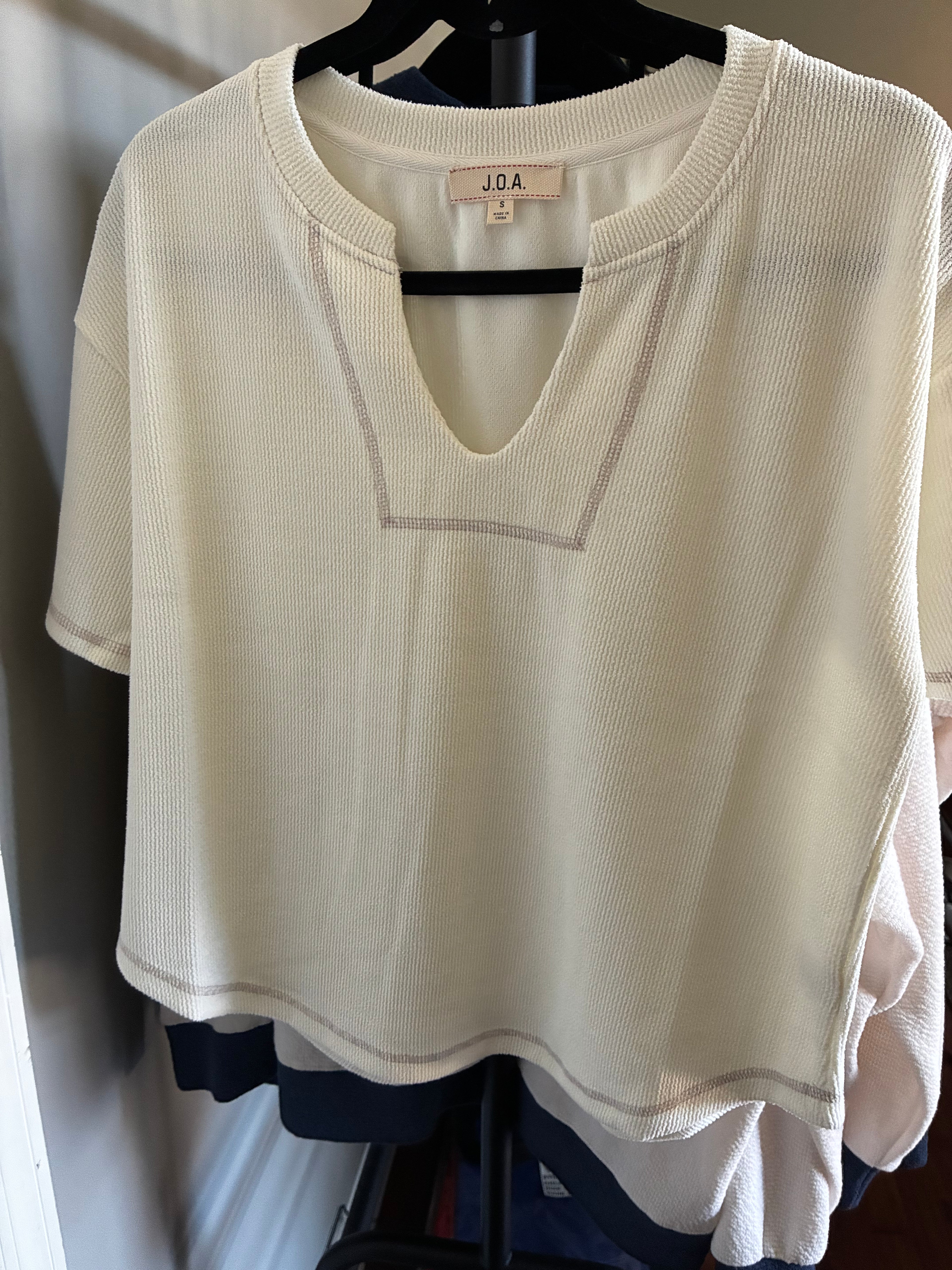 Split Neck Short Sleeve Terry Knit Top