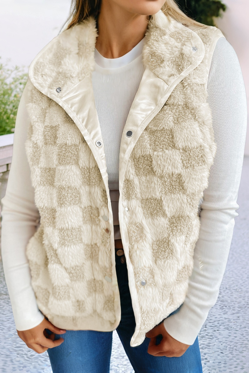 Sherpa Checkerboard Snap Button Vest Jacket