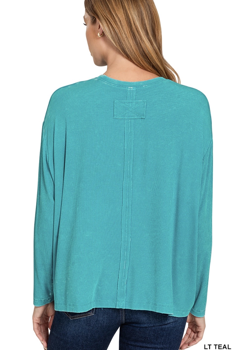 Washed ribbed dolman sleeve round neck top