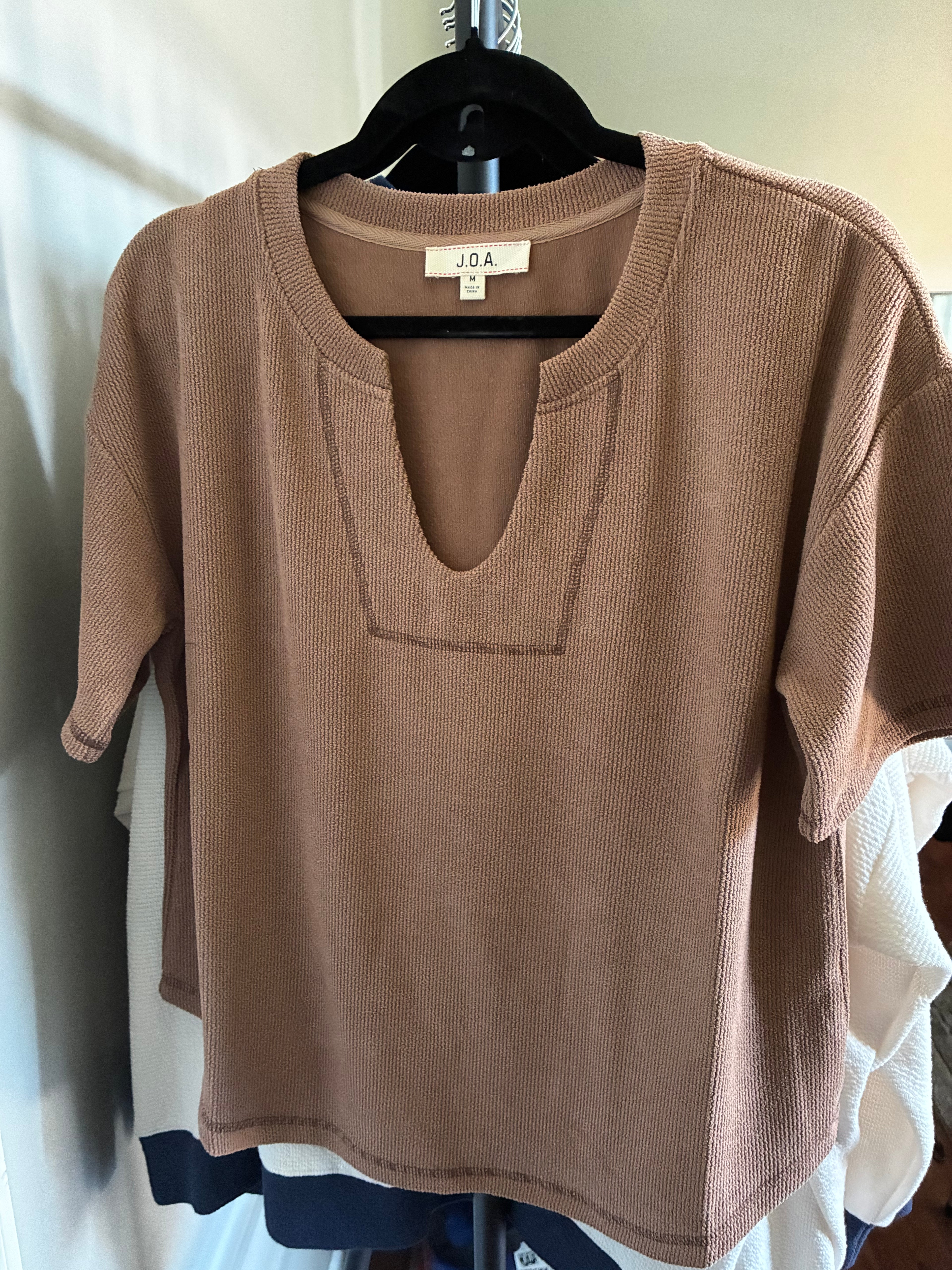 Split Neck Short Sleeve Terry Knit Top