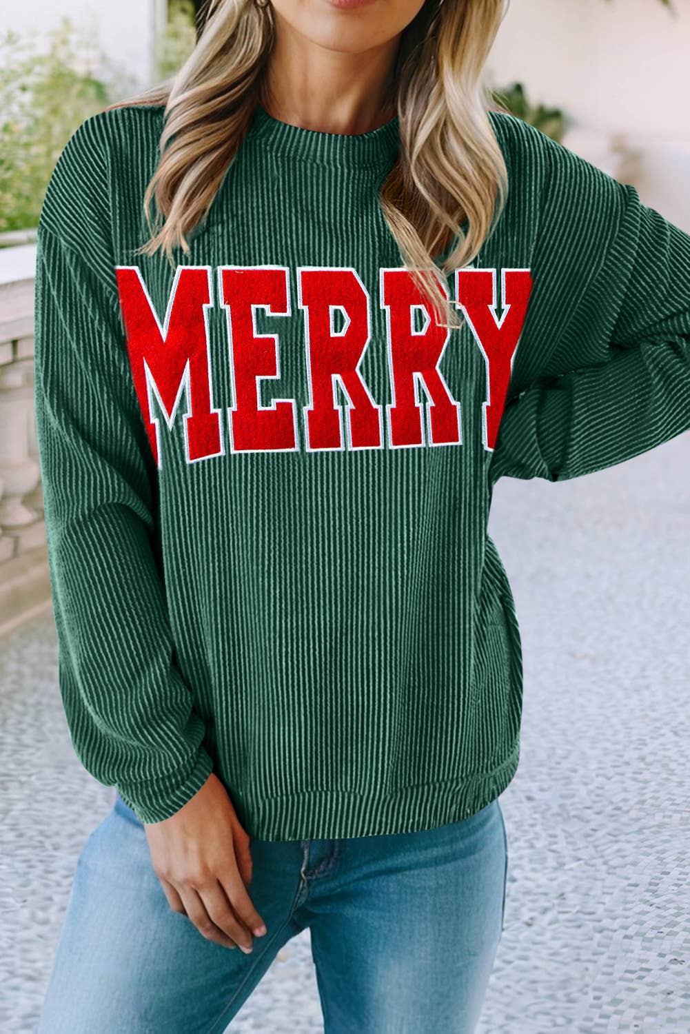 Twisted Rib Outlined Merry Letter Graphic Top