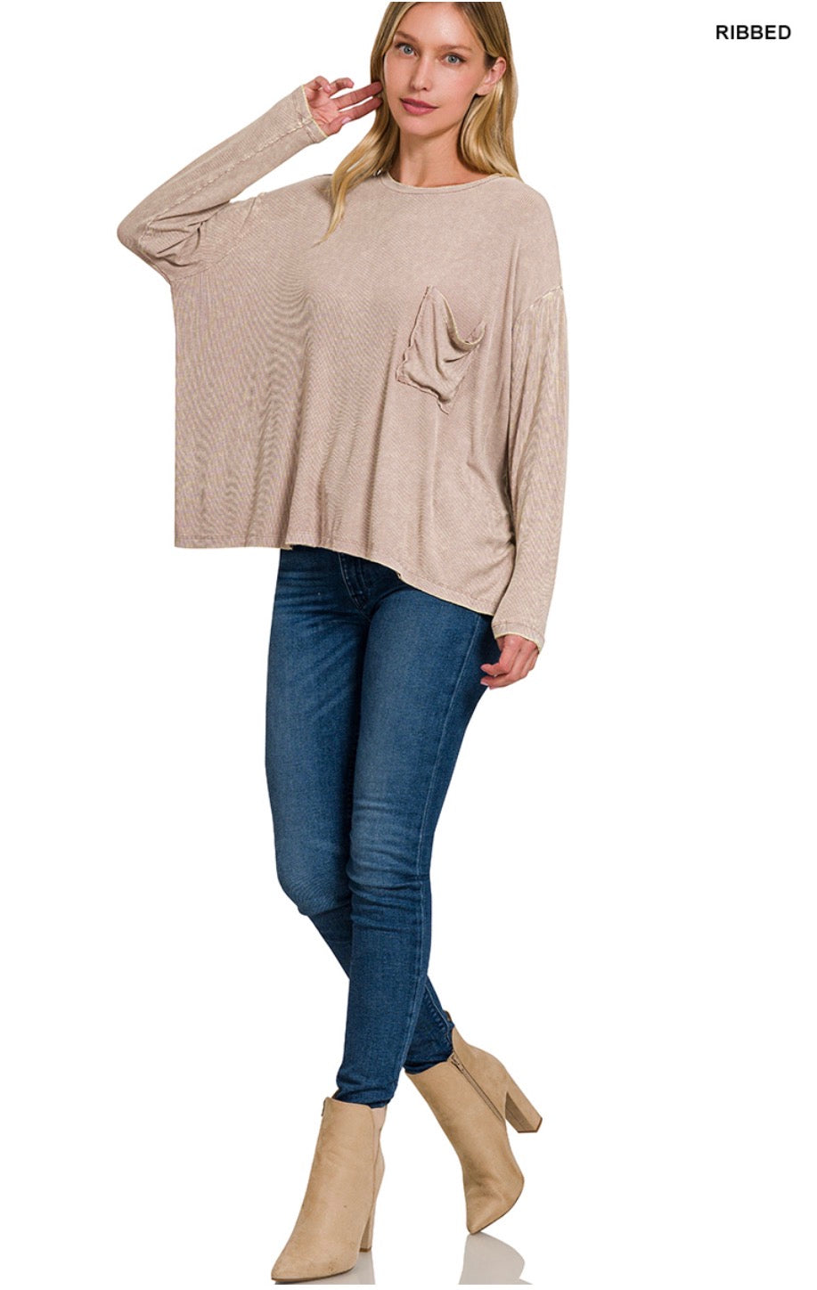 Washed ribbed dolman sleeve round neck top