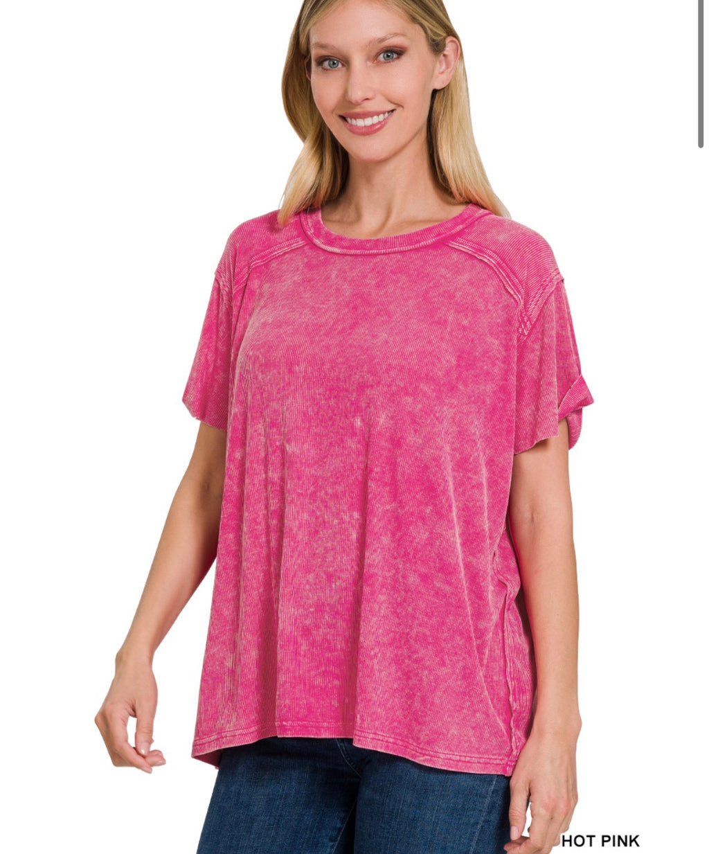 Washed Ribbed Short Sleeve Boat-Neck Top