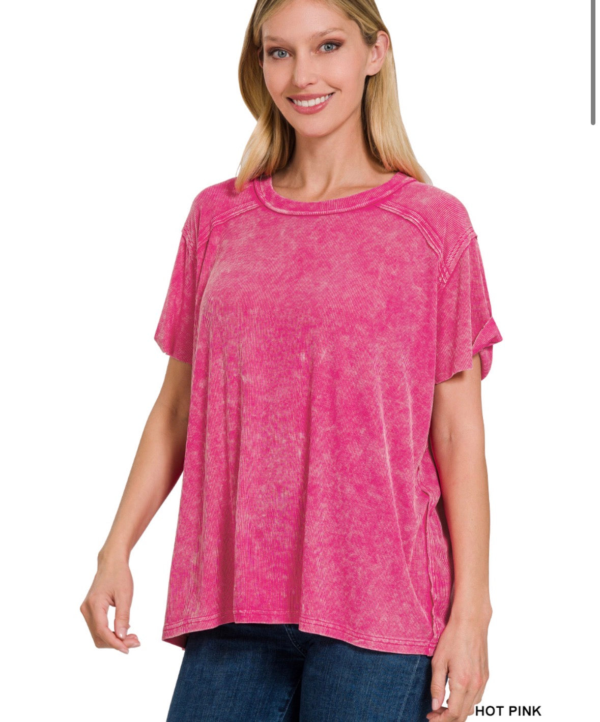 Washed Ribbed Short Sleeve Boat-Neck Top