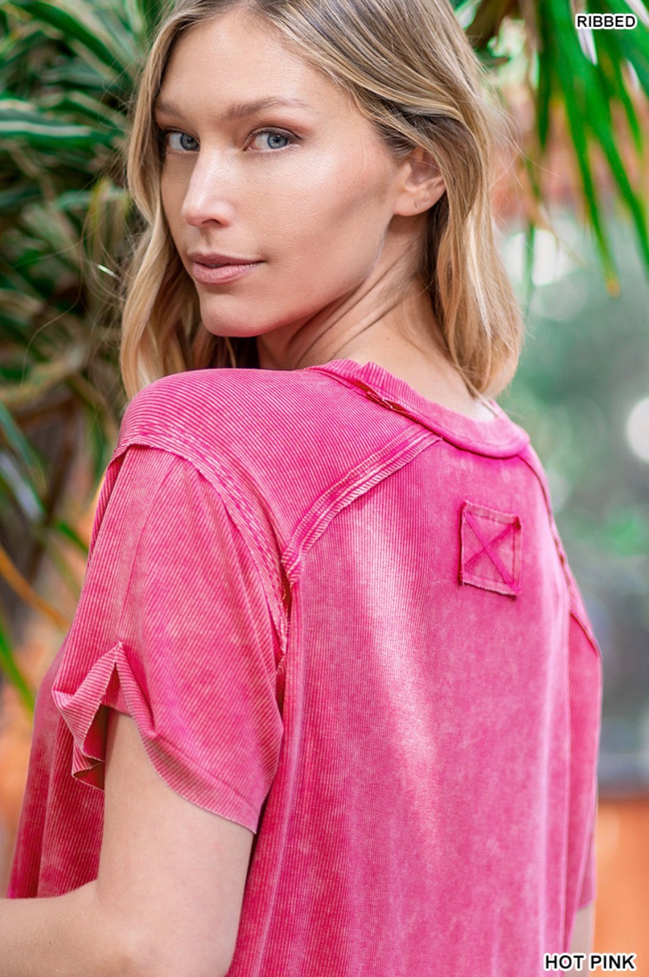 Washed Ribbed Short Sleeve Boat-Neck Top