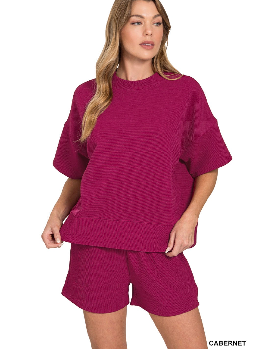 Ribbed Round Neck Waist Banded Tee & Shorts Set