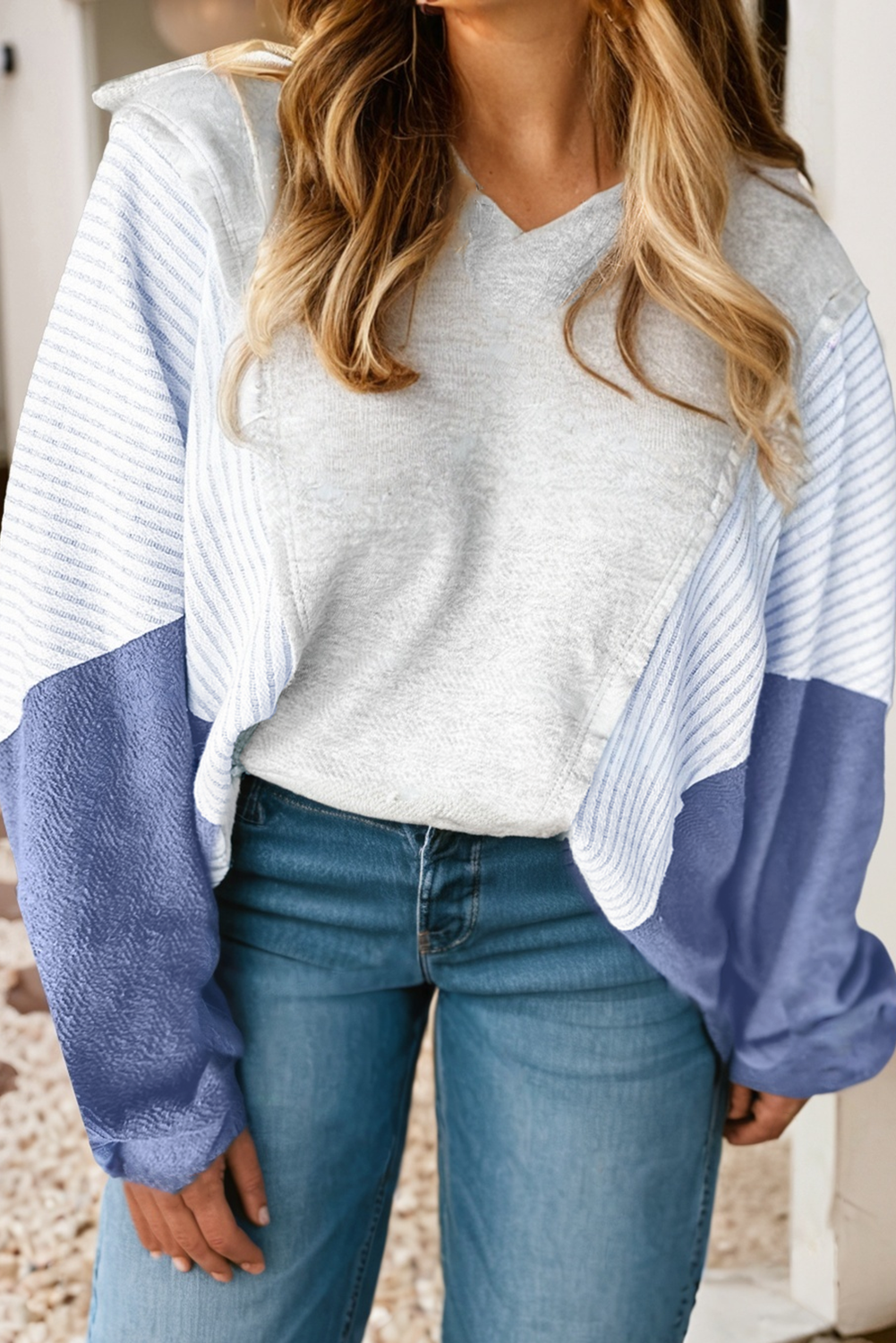 Oversized Striped Colorblock Dolman Sleeve Collared Top