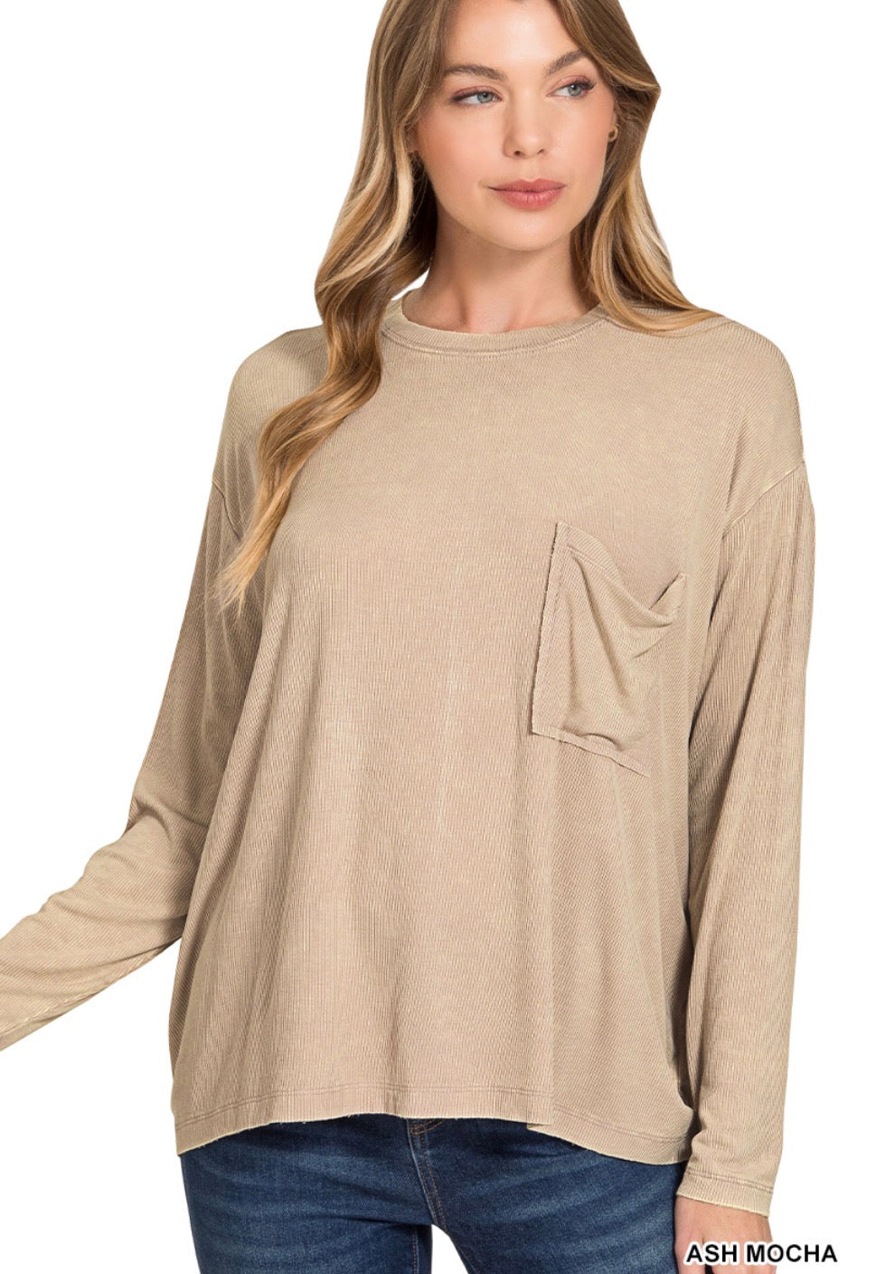 Washed ribbed dolman sleeve round neck top