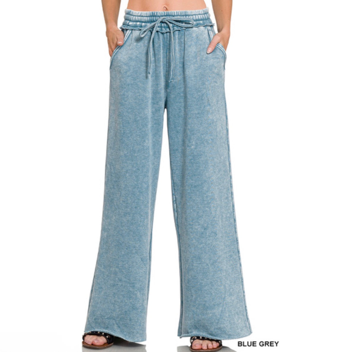Acid Wash Fleece Palazzo Sweat Pants W/ Pockets
