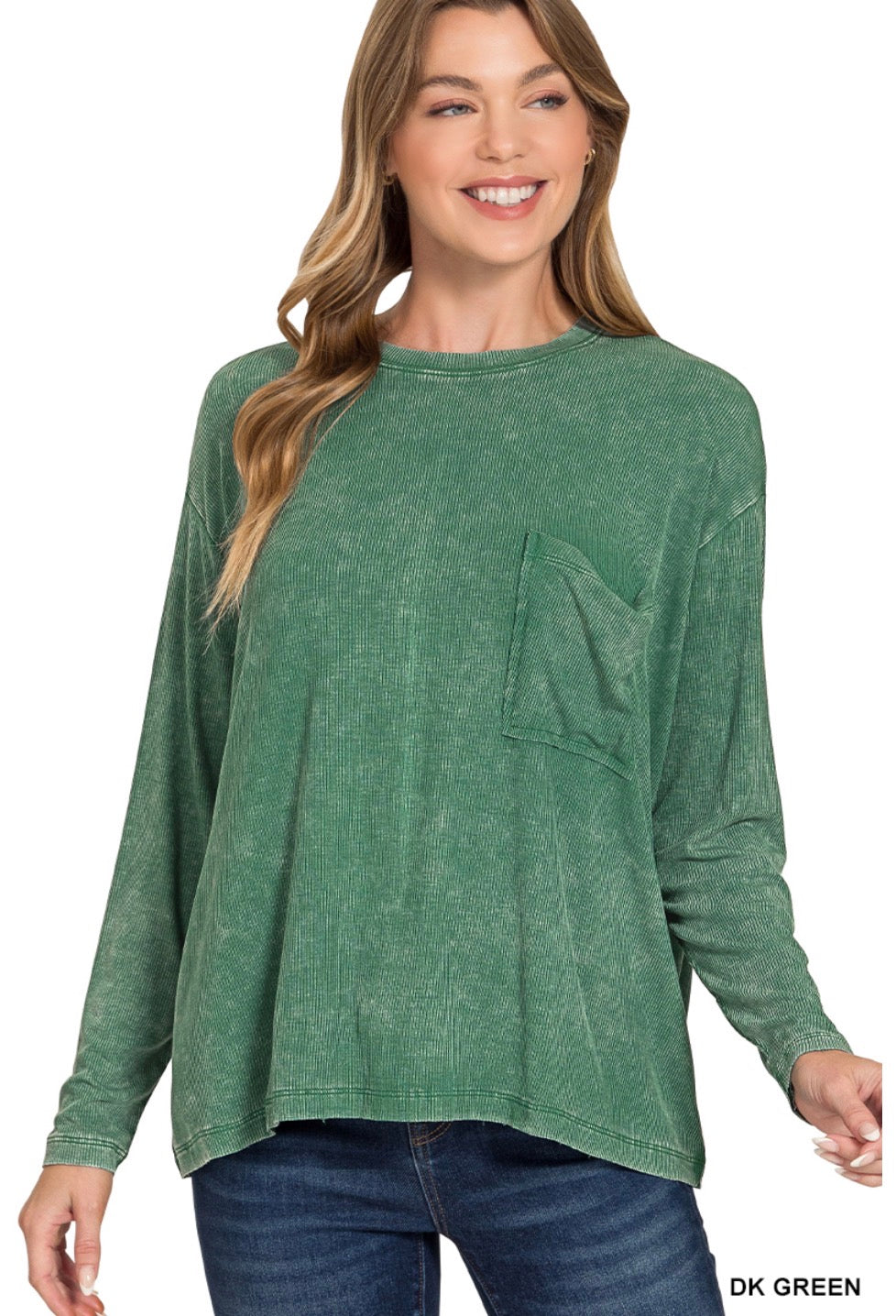 Washed ribbed dolman sleeve round neck top
