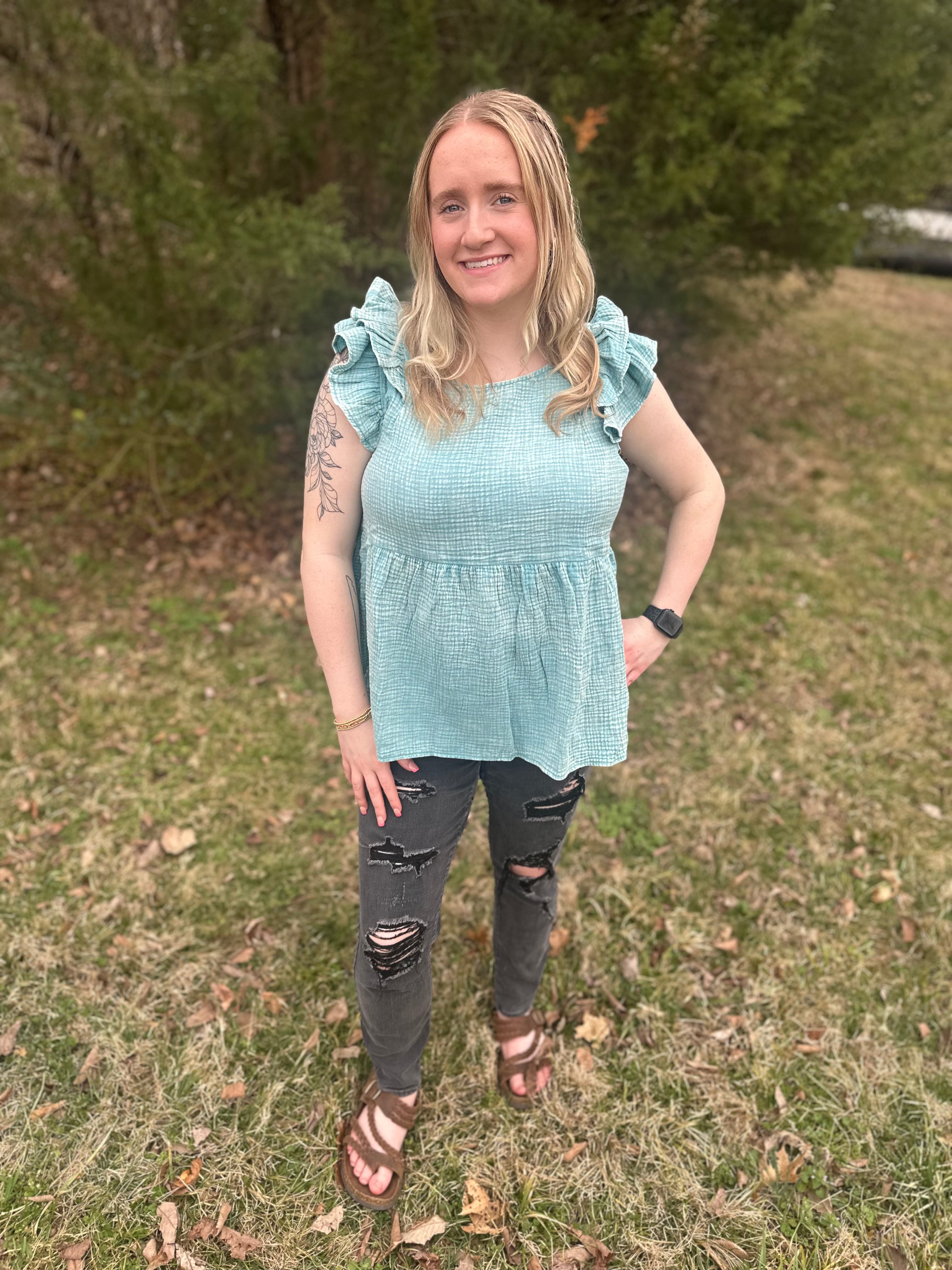 Double gauze acid washed tiered ruffle peplum