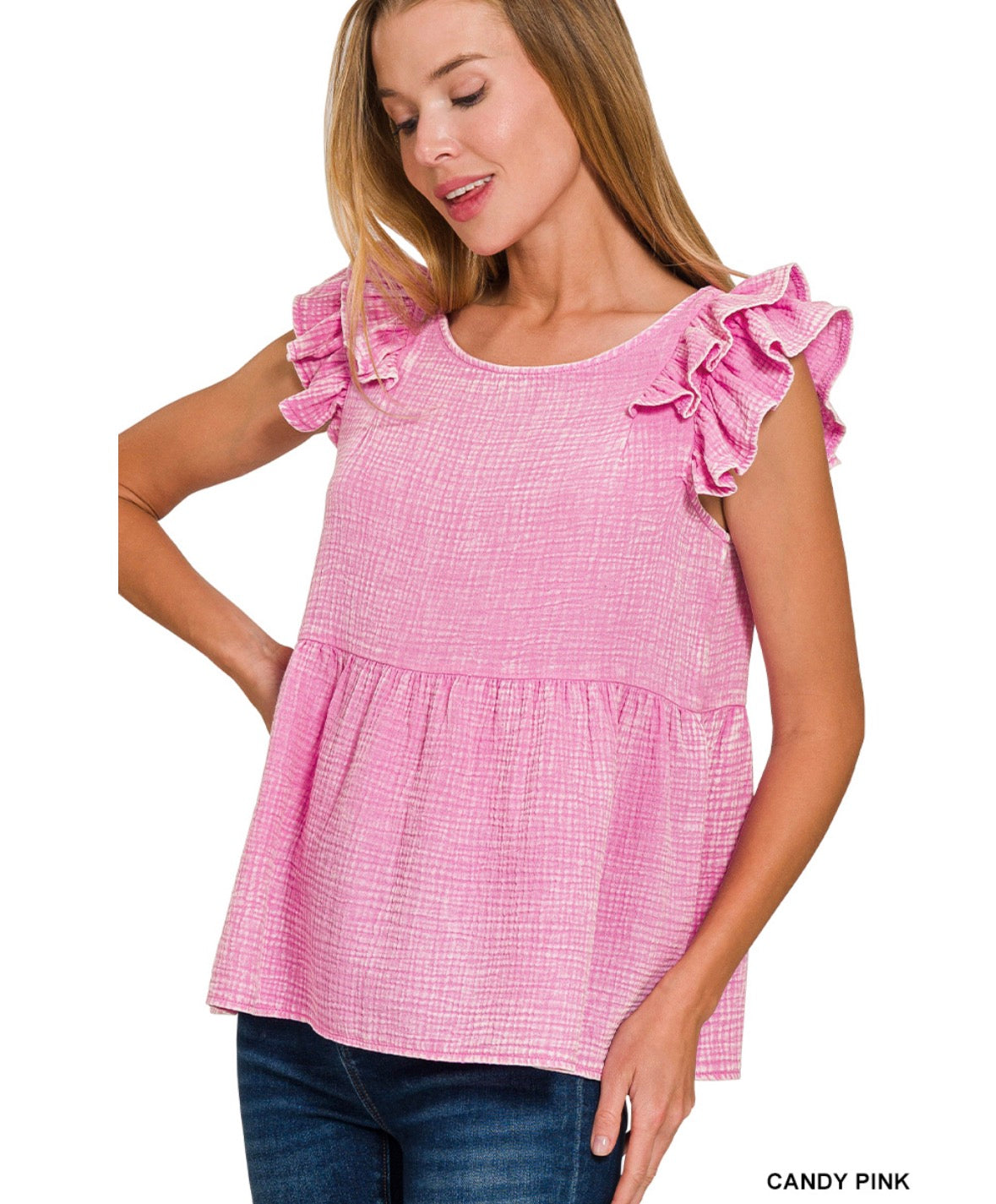 Double gauze acid washed tiered ruffle peplum
