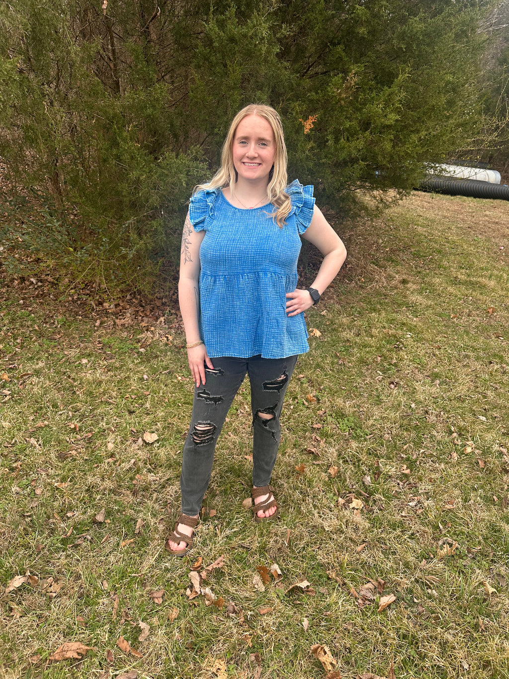 Double gauze acid washed tiered ruffle peplum