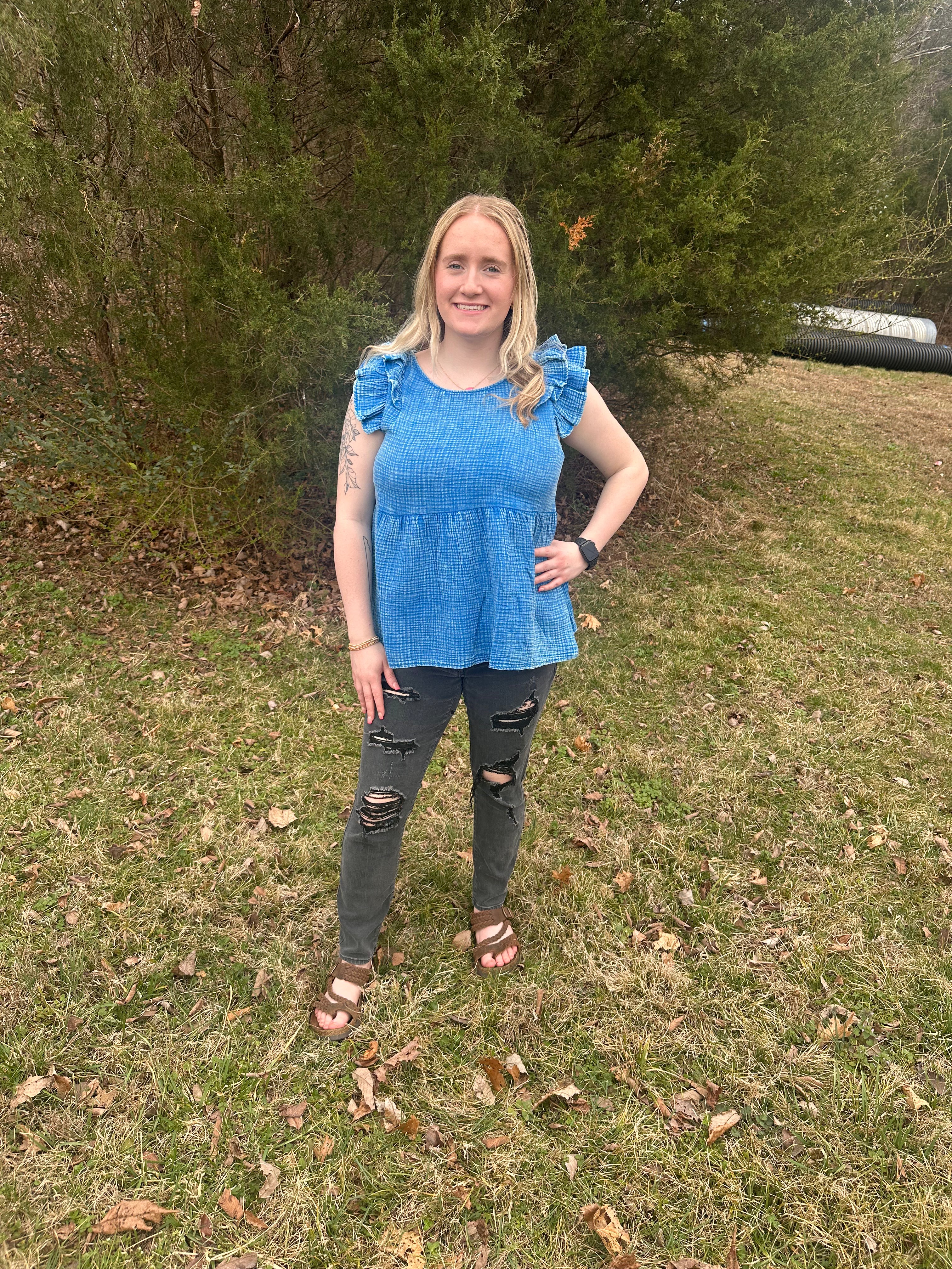 Double gauze acid washed tiered ruffle peplum