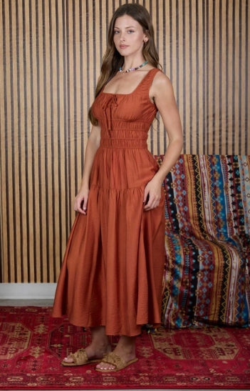 Satin Front Tie Shirred Waist Midi Dress