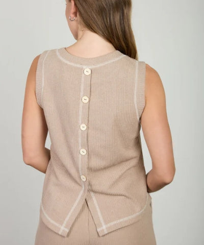 Back Button Detail Sleeveless Ribbed Knit Top