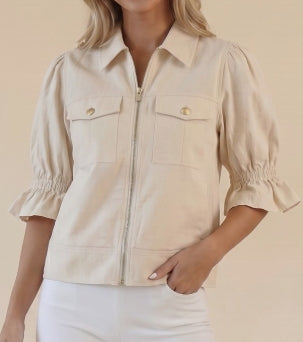 Seline Puff Sleeve Collared Zipper Front Jacket