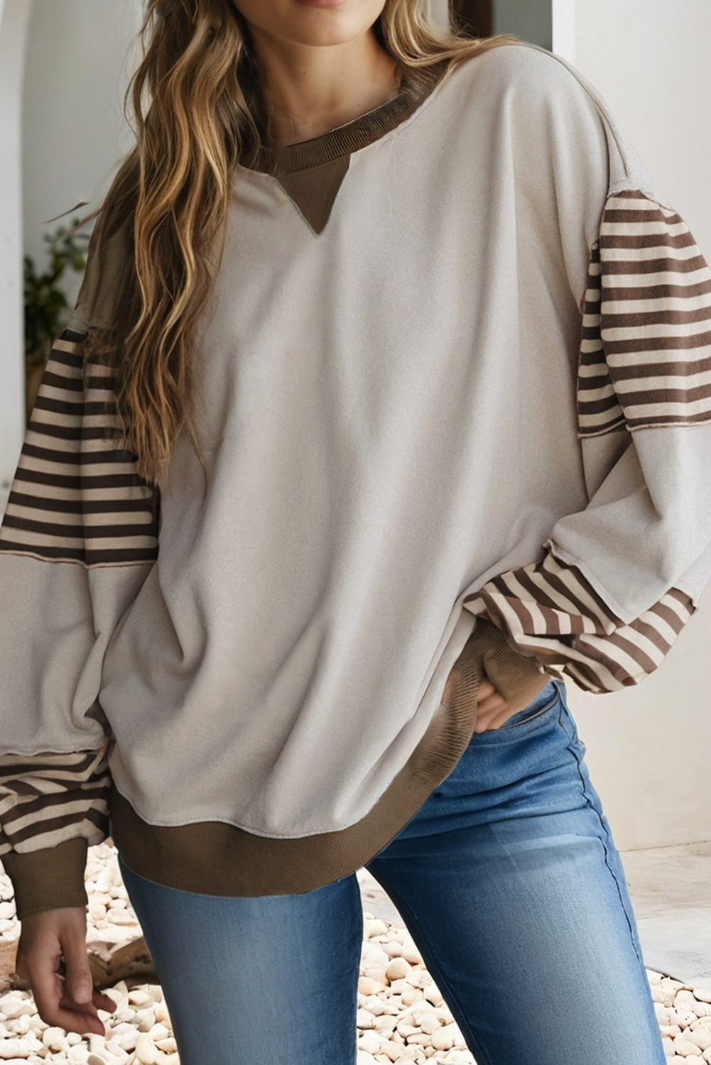 Striped Colorblock Patchwork Drop Shoulder Sweatshirt