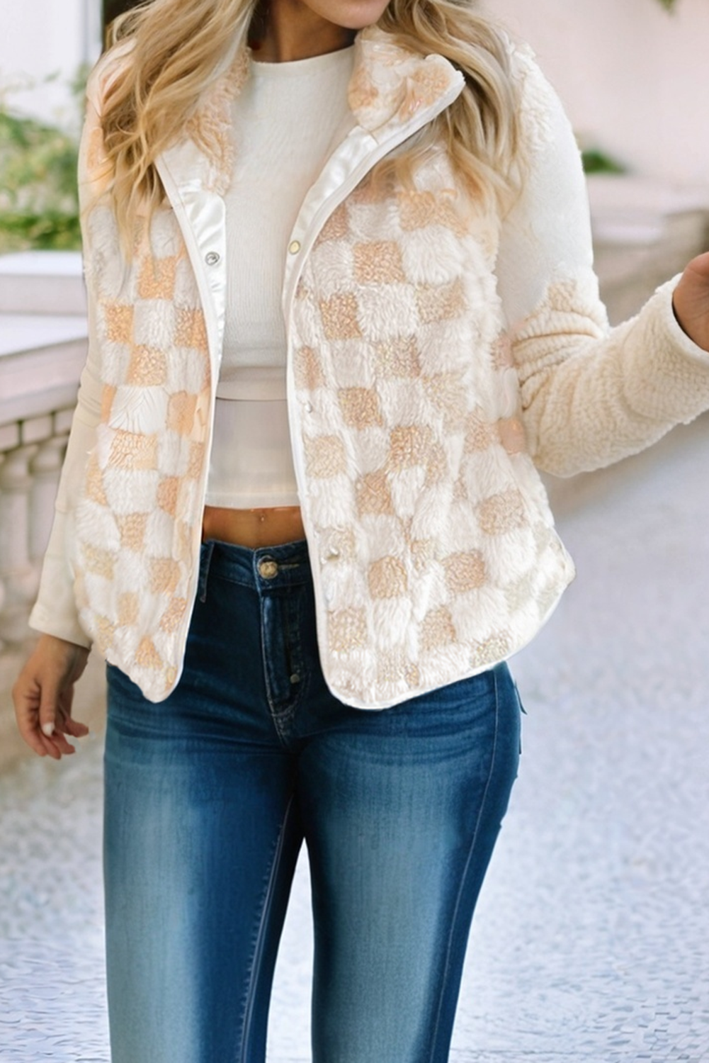 Sherpa Checkerboard Snap Button Vest Jacket