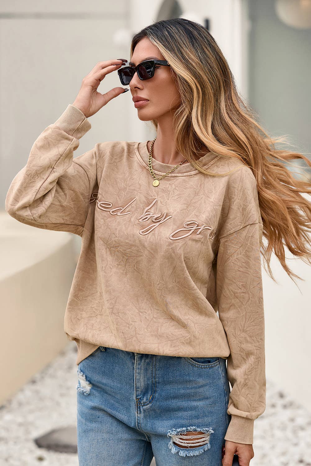 Embroidery Mineral Wash Loose Sweatshirt