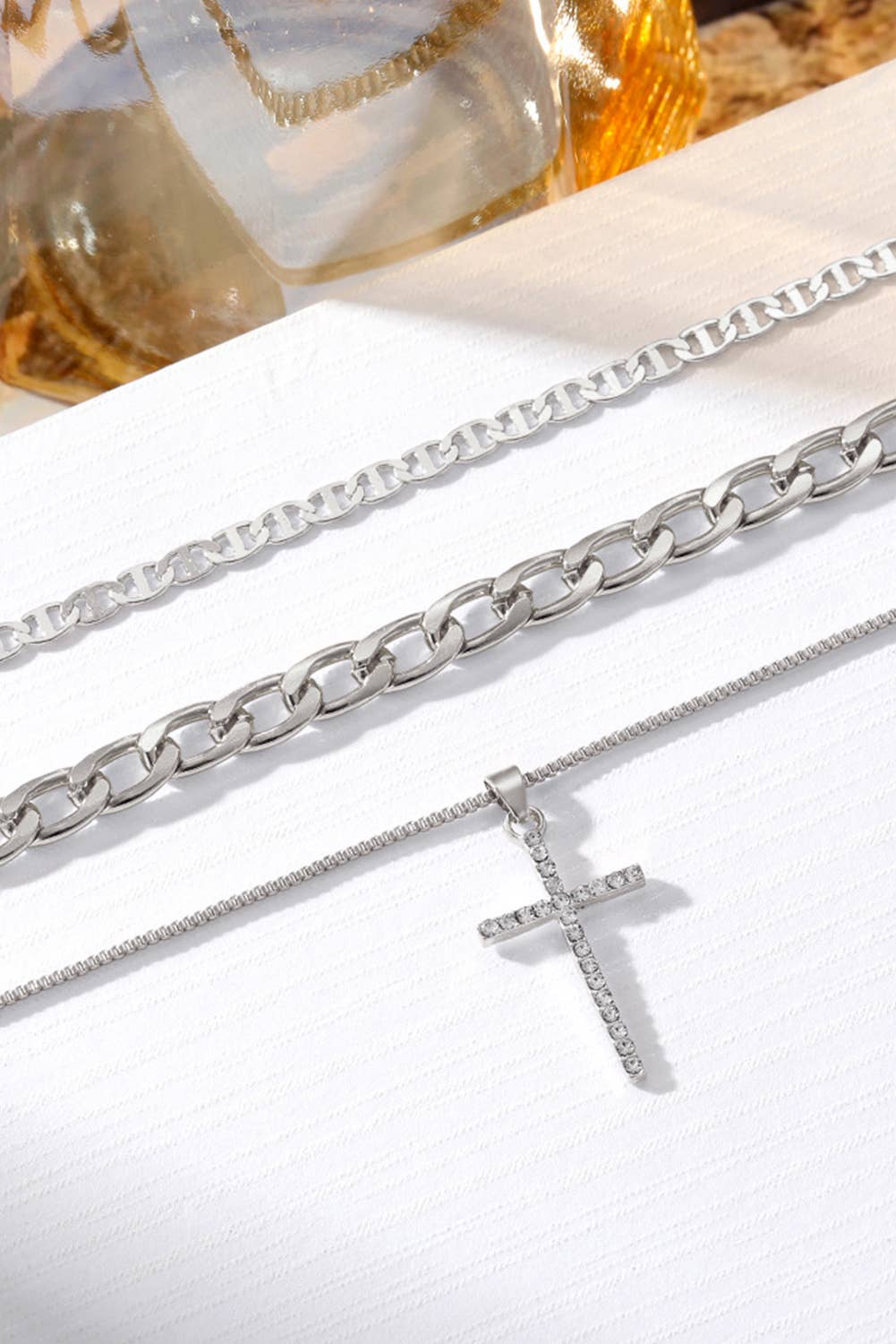 Plated Cross Pendant Multi Layer Necklace