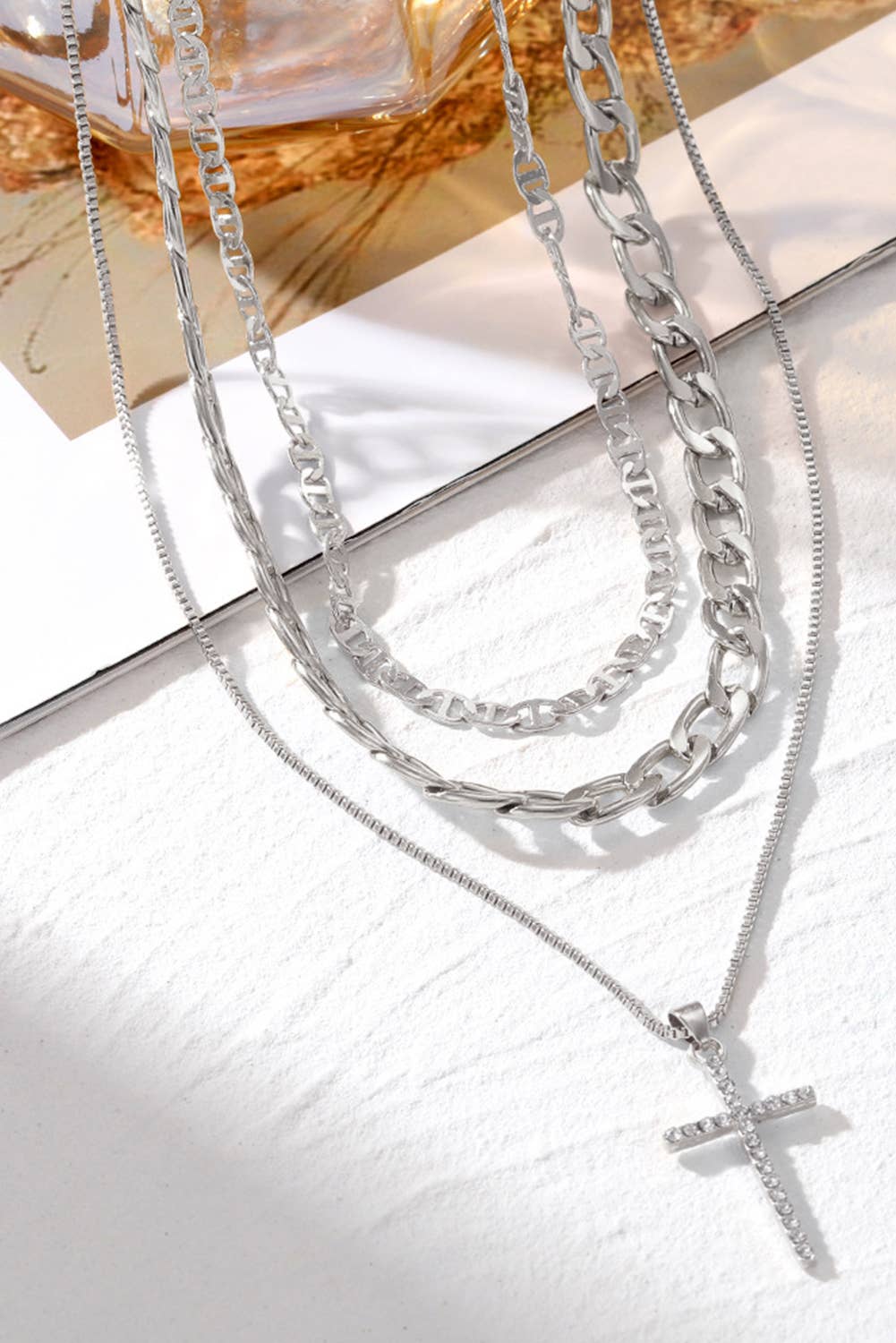 Plated Cross Pendant Multi Layer Necklace