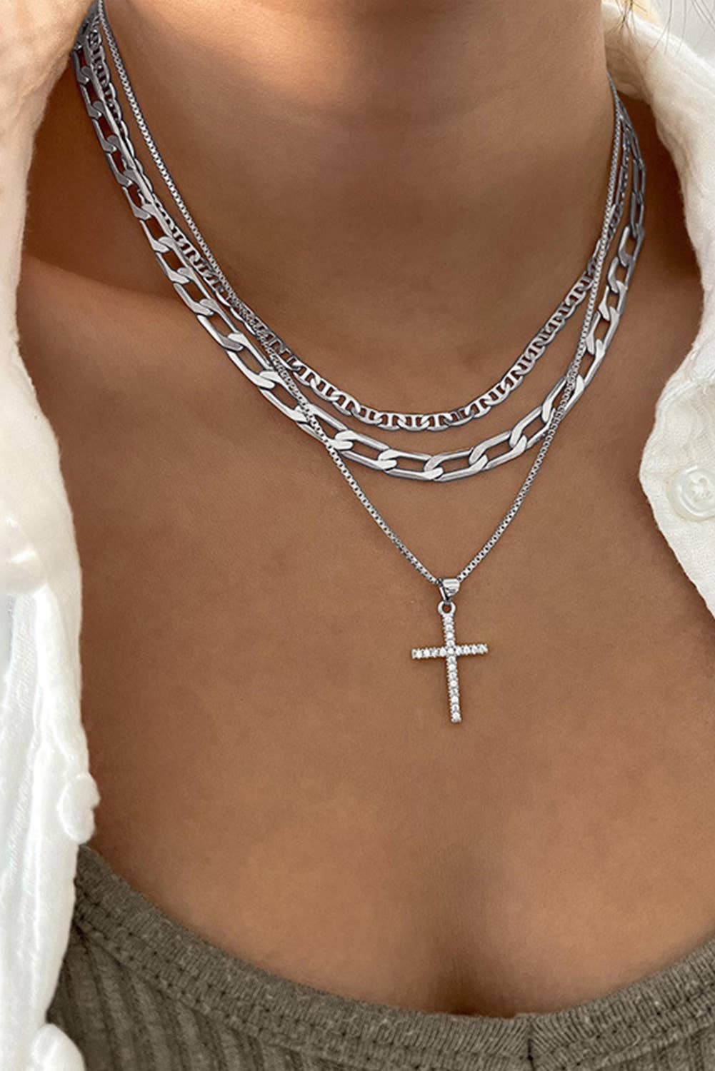 Plated Cross Pendant Multi Layer Necklace